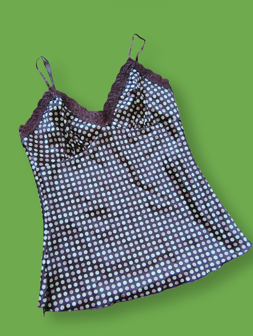 Y2K Brown Polka Dot Cami Lace Trim Fairy Whimsy Satin Coquette Small Tank Top